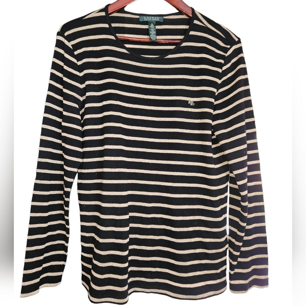 Lauren Ralph Lauren Long Sleeve‎ Tee Shirt Metallic Gold Black Stripe Fall XL